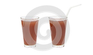 Juice Brown mangosteen in tall two glass type with plastic straw isolated on white background.