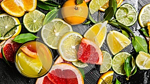 The juice from citrus fruits - grapefruit, orange, tangerine, lemon, lime in the glass.