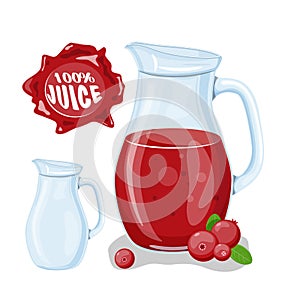 Juice with cranberry in a glass jug, vector cartoon card with fresh berries and smothie isolated on white. Red juice