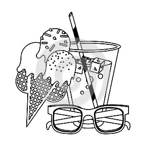 Juice cup with ice cream ans sunglasses cartoon in black and white