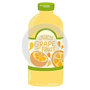 Juice drink in glass bottle. Cold fruit lemonade, summer refreshment. Fresh grapefruit flavored beverage