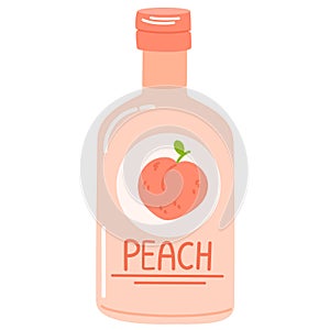 Juice drink in glass bottle. Cold fruit lemonade, summer refreshment. Fresh peach flavored beverage