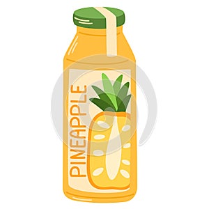 Juice drink in glass bottle. Cold fruit lemonade, summer refreshment. Fresh pineapple flavored beverage