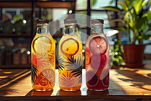 Juice drinks in small bottles Citrus fruit juices