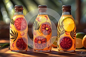 Juice drinks in small bottles Citrus fruit juices