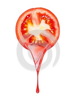 Juice flows from ripe tomato on white background