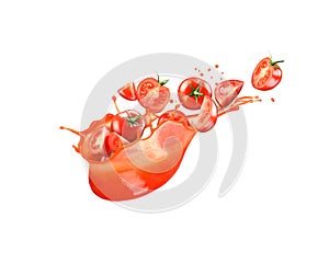 Juice flows from ripe tomato  on white background