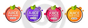 Juice fresh fruit label icon. Orange, lemon, berry, peach healthy juice design sticker