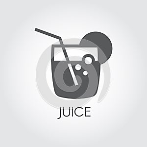 Juice glyph icon. Glass with beverage, straw and lemon. Icon in flat style. Abstract drink, lemonade or cocktail label