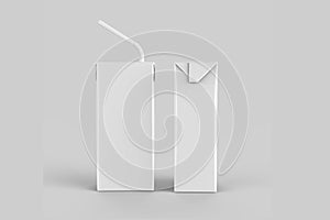 Juice or milk carton box with drinking straw mockup isolated on a grey background.