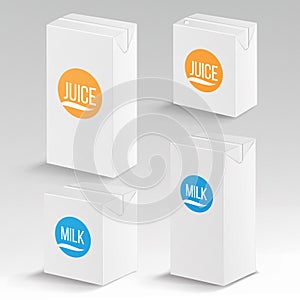 Juice and Milk Package Vector Realistic Mock Up Template. Carton Branding Box 1000 ml and 200 ml. White Empty Clean