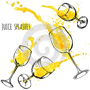 Juice orange and apple splashes in wine glasses, watercolor, sketch vector illustration