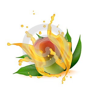 Juice splash of mango, orange, peach with leaves isolated on white background. Vector.