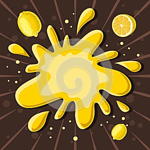 Juice Splash Of Spilling Lemonade With Flying Sliced Lemons.