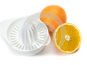 Juicer with oranges white background