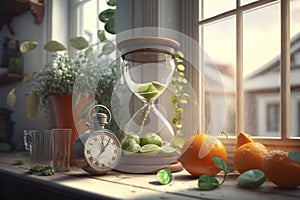 Juicer watch. Generative AI. Fantasy composition with hourglass and lime slices.