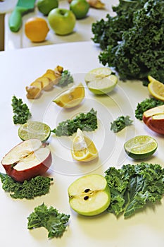 Juicing ingredients Kale, apple, ginger vertical