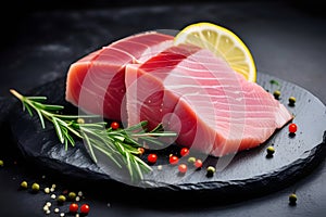 Juicy ahi tuna steaks served on elegant black slate with zesty lemon and aromatic rosemary