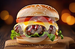 Juicy appetizing hamburger, bun sprinkled with sesame seeds with melted cheese, potatoes