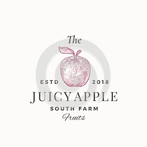 The Juicy Apple South Farm Fruits. Abstract Vector Sign, Symbol or Logo Template. Apple with Leaf Sillhouette Sketch photo