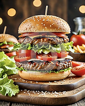 juicy bacon double cheeseburger with sliced tomato iceberg lettuce on sesame seed bun