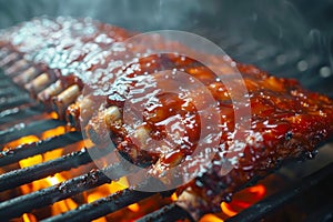 Juicy Barbecued Pork Ribs Glazed with BBQ Sauce Cooking on Flaming Grill Close up with Smoke