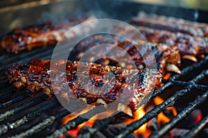 Juicy barbecued ribs cooking on a grill over flames