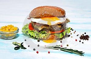 Juicy beef burger with egg, cheese, tomatoes and lettuce on a white plate.