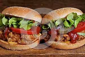 Juicy beef burger, french fries, wooden board