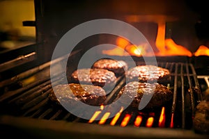 Juicy beef patties for hamburgers being grilled on a grill grate with flames underneath, generative AI