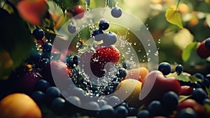Juicy Berries and Fruit Splashing in Water
