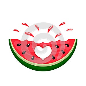 Juicy bite of a watermelon with a spray of juice and a cut out heart. logo on a white background. flat isolated vector