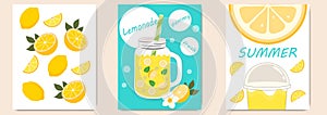 Juicy and bright summer posters, banners, covers or labels with lemonade.