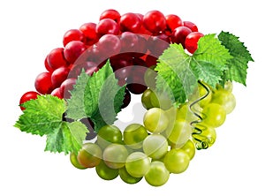 Juicy bunch of grapes isolated on a white background. Red and green grapes with leaves.