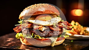 Juicy burger with beef patty with bright tomatoes and cheddar cheese