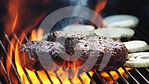 Juicy Burger Patties Flame Grill Summer BBQ. photo