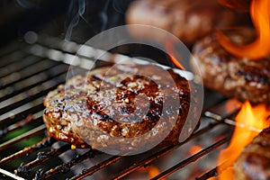 juicy burgers being cooked on a flaming barbeque