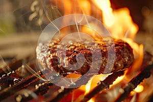 juicy burgers being cooked on a flaming barbeque