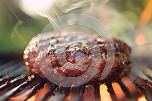 juicy burgers being cooked on a flaming barbeque