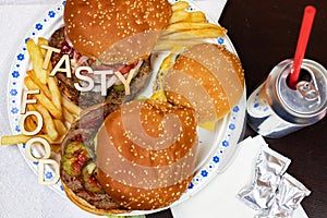 Juicy burgers and fries on a paper plate with words TASTY FOOD on burgers