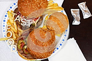 Juicy burgers and fries on a paper plate with words TASTY FOOD on burgers