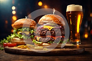 juicy burgers and a glass of beer. ai generator