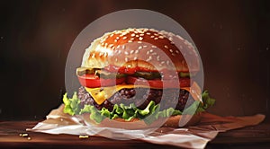 A juicy cheeseburger with fresh lettuce, tomato, cheese, and a beef patty sits on a table, evoking hunger and desire for