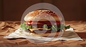 A juicy cheeseburger with fresh lettuce, tomato, cheese, and a beef patty sits on a table, evoking hunger and desire for