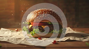 A juicy cheeseburger with fresh lettuce, tomato, cheese, and a beef patty sits on a table, evoking hunger and desire for