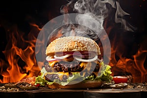 Juicy Chicken, Beef Cheese Burger in a grill smoking background - blend of juicy chicken and savory beef patties and cheese