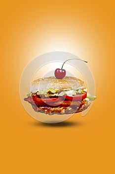 Juicy chicken grill flying burger, hamburger or cheeseburger with one chicken patties. Concept of American fast food. Copy space