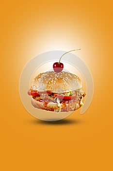 Juicy chicken PERI PERI BURGER flying , hamburger or cheeseburger with one chicken patties. Concept of American fast food. Copy