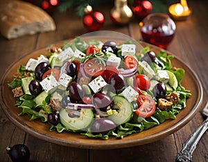 Christmas Greek Salad in a wooden bowl. Generative AI