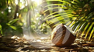 Juicy coconut in the lush jungle sunlight. Tropical Vacation, Summer Refreshment